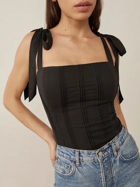 Reformation Adelia Black Tie-Shoulder Square Neck Corset Camisole